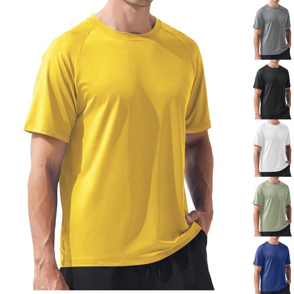 RYDCOT Men's T Shirt Short Sleeve Round Neck T-Shirt Stretch Casual Summer Classic Basic Tee Shirts Terry Cloth Shirts Yellow