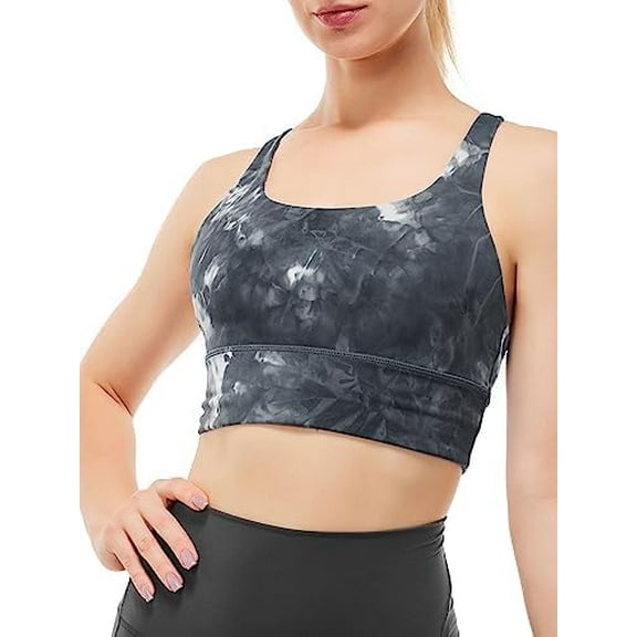 GRAMVAL Women's Strappy Sports Bras Fitness Workout Padded Yoga Bra Criss Cross, Tie Dye Black, L