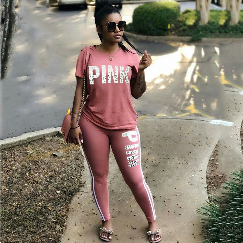 Cheap Summer Women Letter Printed Pink T-Shirts+Shorts Two Piece Sets  Ensemble Femme Short Sleeve O-Neck Casual Jogging Sexy Outfit