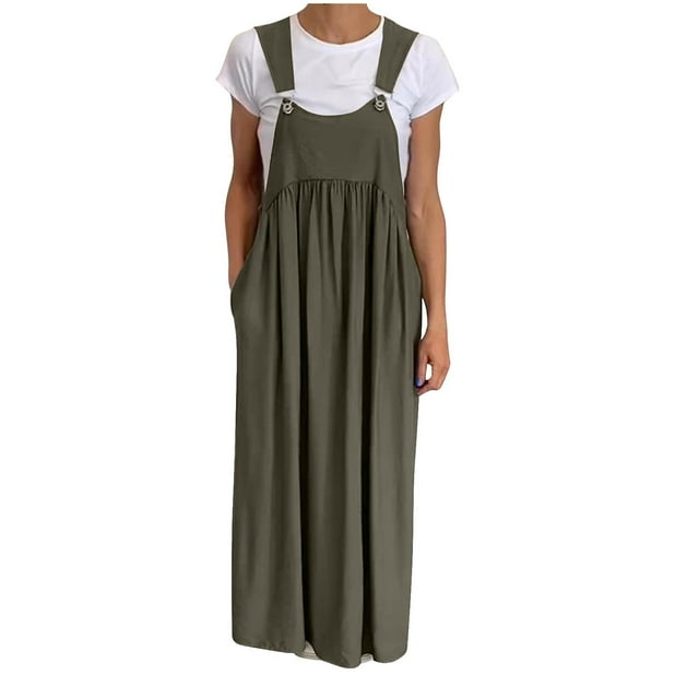 hotojiny Robes d'Été pour Femmes 2025 Grande Taille Coton Lin Robe Maxi Plissée Décontractée à Bretelles Salopette Robe