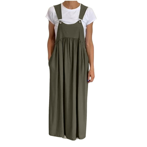 Plus Size Cotton Linen Bib Overall Dress Women Casual Baggy Sleeveless Dresses Swing Loose Maxi Length Jumper Dress