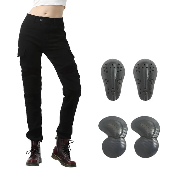 Women's Motorcycle Riding Pants, Riding Jeans with Removable Knee Pads Hip Pads, Armored Protective Design, Black