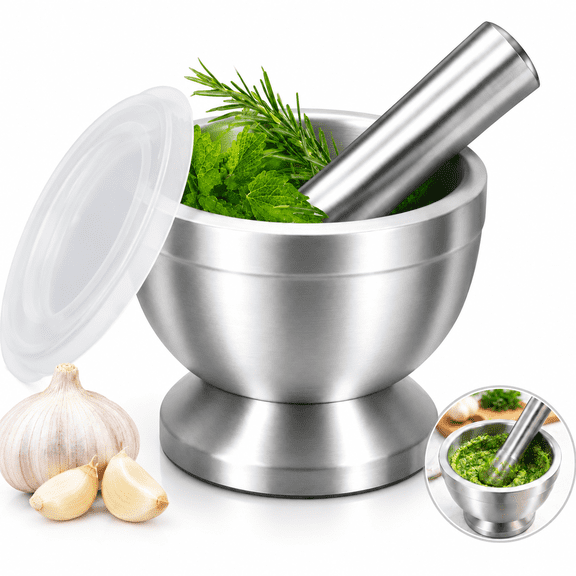 304 Stainless Steel Mortar and Pestle Set, Spice and Pill Grinder with Lid and Non-Slip Base, Easy to Clean