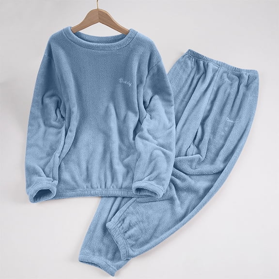 SYMOID Fuzzy Fleece Pajama Set for Women - Blue, Size S, Long Sleeve Crew Neck Top & Elastic Waist Pants