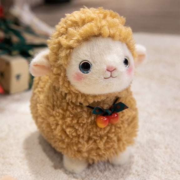 strola Toys 12in Yellow Plush Sheep Stuffed Animal, Soft Fluffy Lamb Plush Toy with Cherry Pendant, Cute Plushie Doll for Ki-ds Tod-dlers, Cozy Chi-ld Companion Birthday Gift