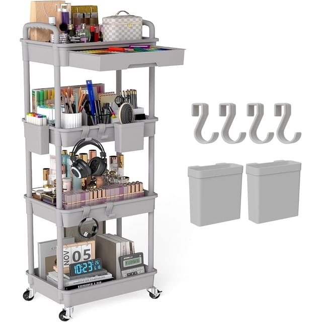 LLMRR 4 Tier Rolling Utility Cart with Drawer, Cart with Drawer & Handle, Bathroom Cart Organizer, Rolling Storage Cart with Drawer, Rolling Cart with Lockable Wheels for Kitchen, Office, Grey