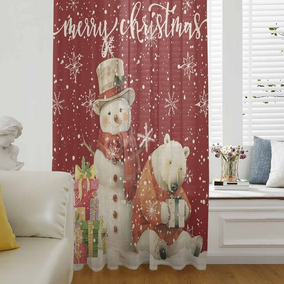 Red Christmas Semi Sheer Curtains Drapes for Living Room, Bedroom, French Doors Window 96 Inches Long, Xmas Snowman Bear Snowflake Rod Pocket Chiffon Curtain Drapery Voile Draperies Panel