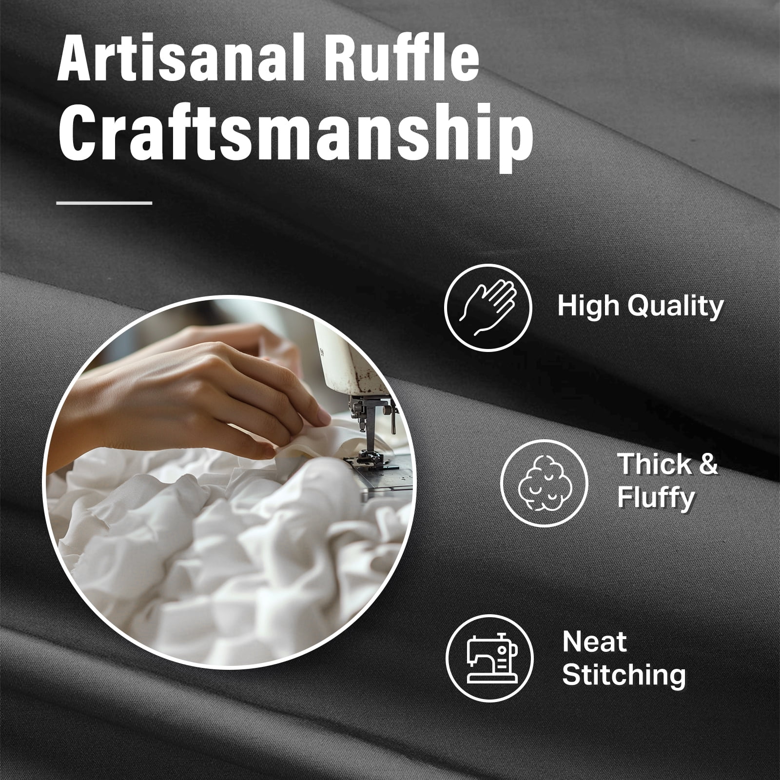 Farmhouse Shower Curtain Black and White Buffalo Plaid Pattern Fabric with Buttons & Gray Ruffles 72"x72"