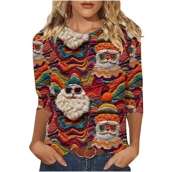 Fewfanhot Oversized Tshirts for Women Christmas Shirts for Women Xmas Plaid Tree Shirt Tops Christmas 3/4 Sleeve Tee Tops