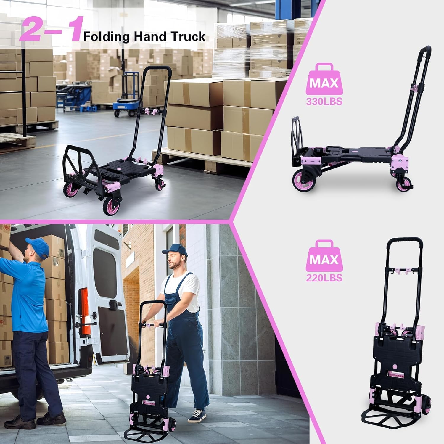 Folding Hand Truck, Folding Dolly Cart with Wheels, Foldable with Telescoping Handle, Collapsible Portable Dolly with Elastic Ropes for Moving