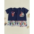thumbnail image 3 of BemeyourBBs Toddler Baby Boy Summer Outfits Infant Baby Boys Clothes Cute Crayfish Lobster Sailboat Embroidery Short Sleeve T Shirt Tops and Pockets Plaid Shorts Set, 3 of 9