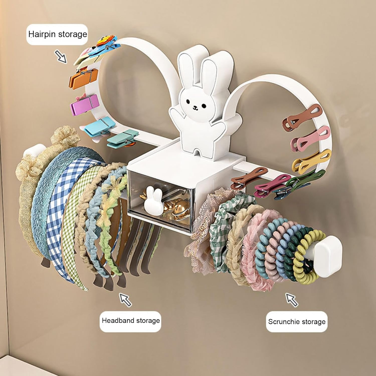 Rabbit Headband Holder Organizer, Multifunctional Wall Mounted Hair Accessory Holder for Hair Clips, Hair Bands, Jewelry, Necklaces, Bracelets, Home Storage and Organizer for Bedroom, White