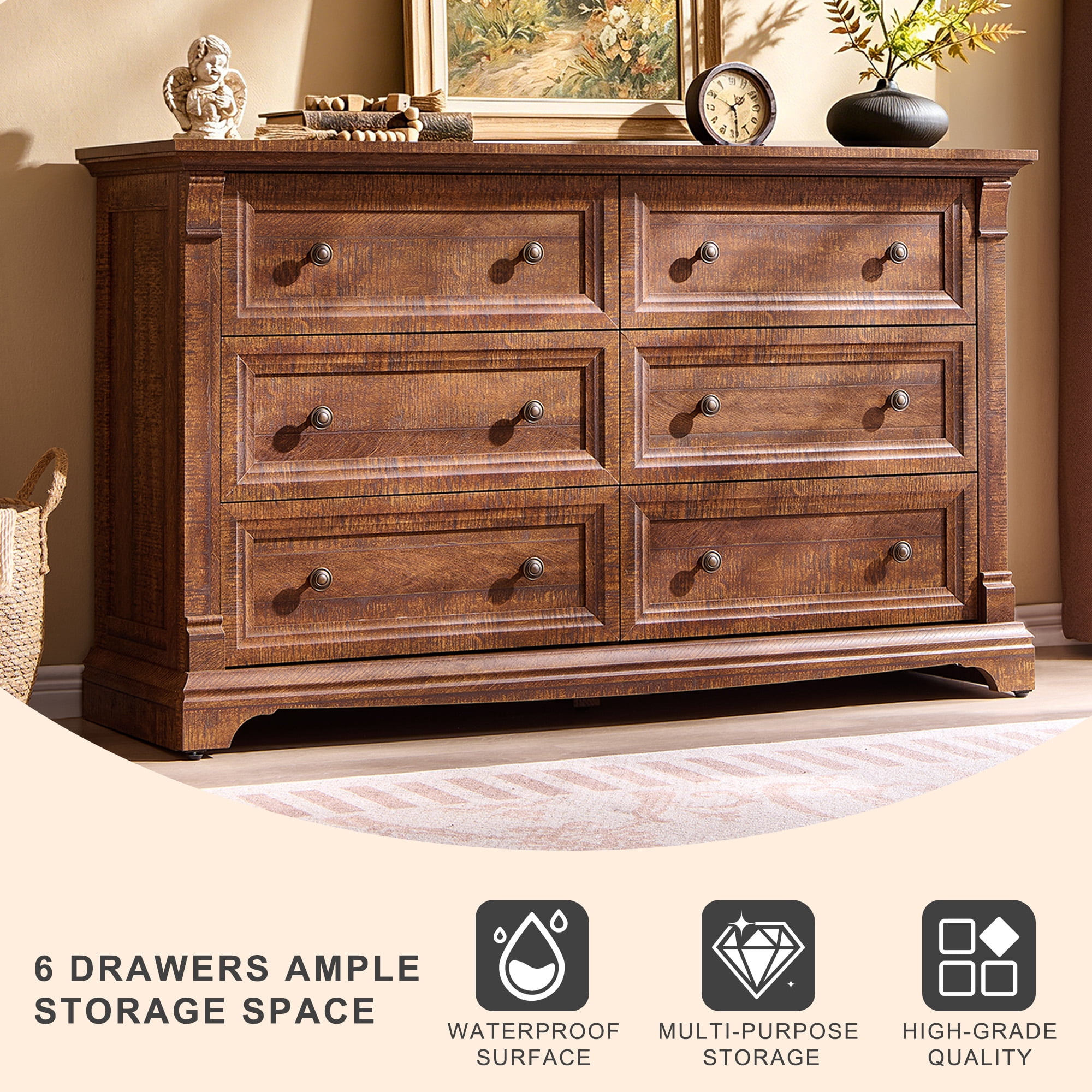 KeyWhat 54" Farmhouse 6-Drawer Dresser with Handles for Bedroom, Living Room , Hallway