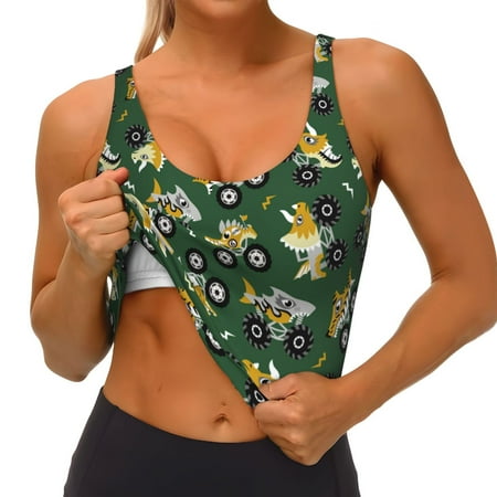 Qokaie Cartoon Car Pattern Womens Scoop Neck Sports Bra Breathable Workout Vest Padded U Back Medium Impact Fitness Gym Yoga Bra Workout Crop Top