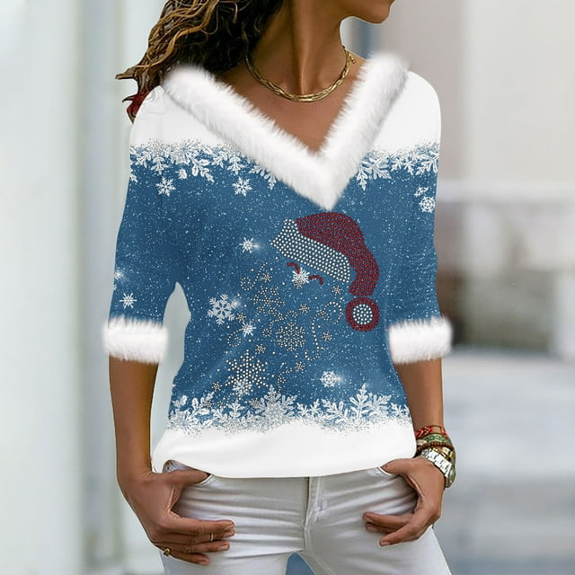 Aqestyerly Hauts de Noël Grande Taille pour Femmes, Chandail Imprimé à Col en V Manches Longues
