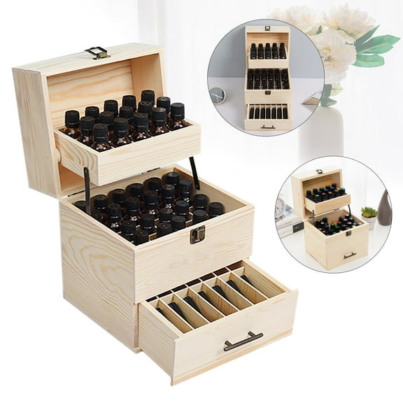 3 Tiers 59 Slots Essential Oil Storage Box, Wooden Display Case Wood Container Organizer 8.46*7.28*9.65in for Storing Nail Polish Vials, Lotions, Brooches