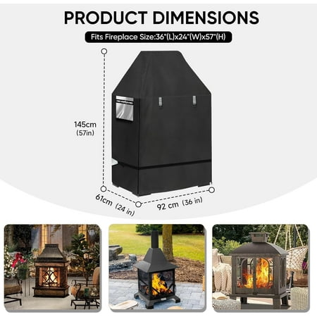 Outdoor Fireplace Cover - Waterproof 600D Oxford Fabric, 36 x 24 x 57 Inch Black for Square Chiminea Fireplaces