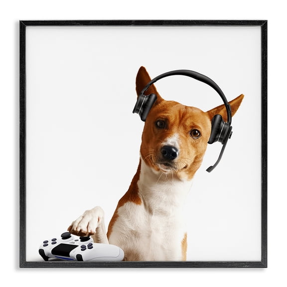 Stupell Industries Gaming Dog with Headset Animals Painting Black Framed Art Print Wall Art, 12 x 12