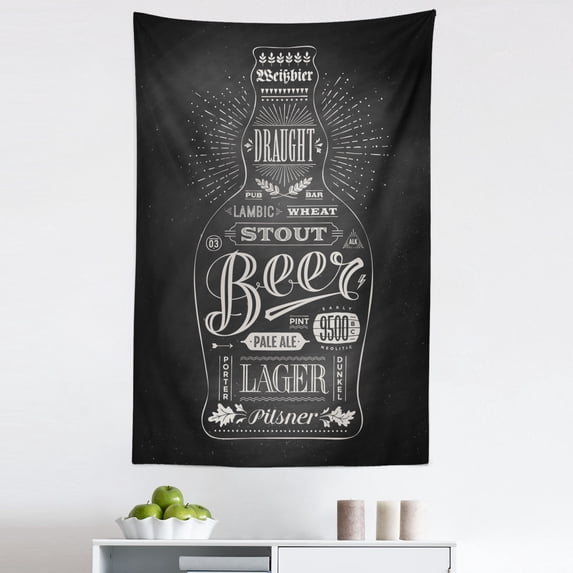 Alcohol Tapestry, Bottle of Beer with Hand-Drawn Lettering of Stout Pale Ale Lager Wheat, Fabric Wall Hanging Decor for Bedroom Living Room Dorm, 5 Sizes, Black and Eggshell, by Ambesonne
