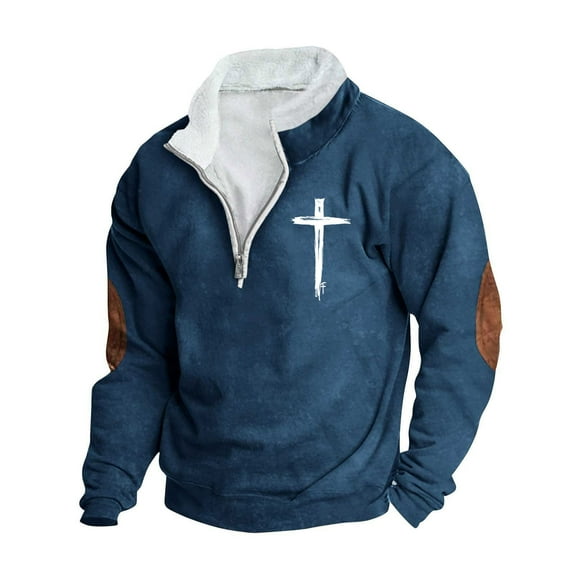 zfwon Mens 1/4 Zip Sweatshirts Cross Print Long Sleeve Jumpers Plus Size Warm Fleece Christian Pullover Fashion Workwear Tops Thermal Outdoor Running Hiking Pullover