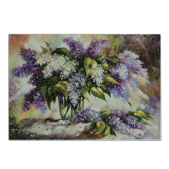 Lilac Cutting Board, Digital Print of Impressionist Oil Painting with Newly Picked Lilac Bouquet in a Vase, Decorative Tempered Glass Cutting and Serving Board, Small Size, Multicolor, by Ambesonne