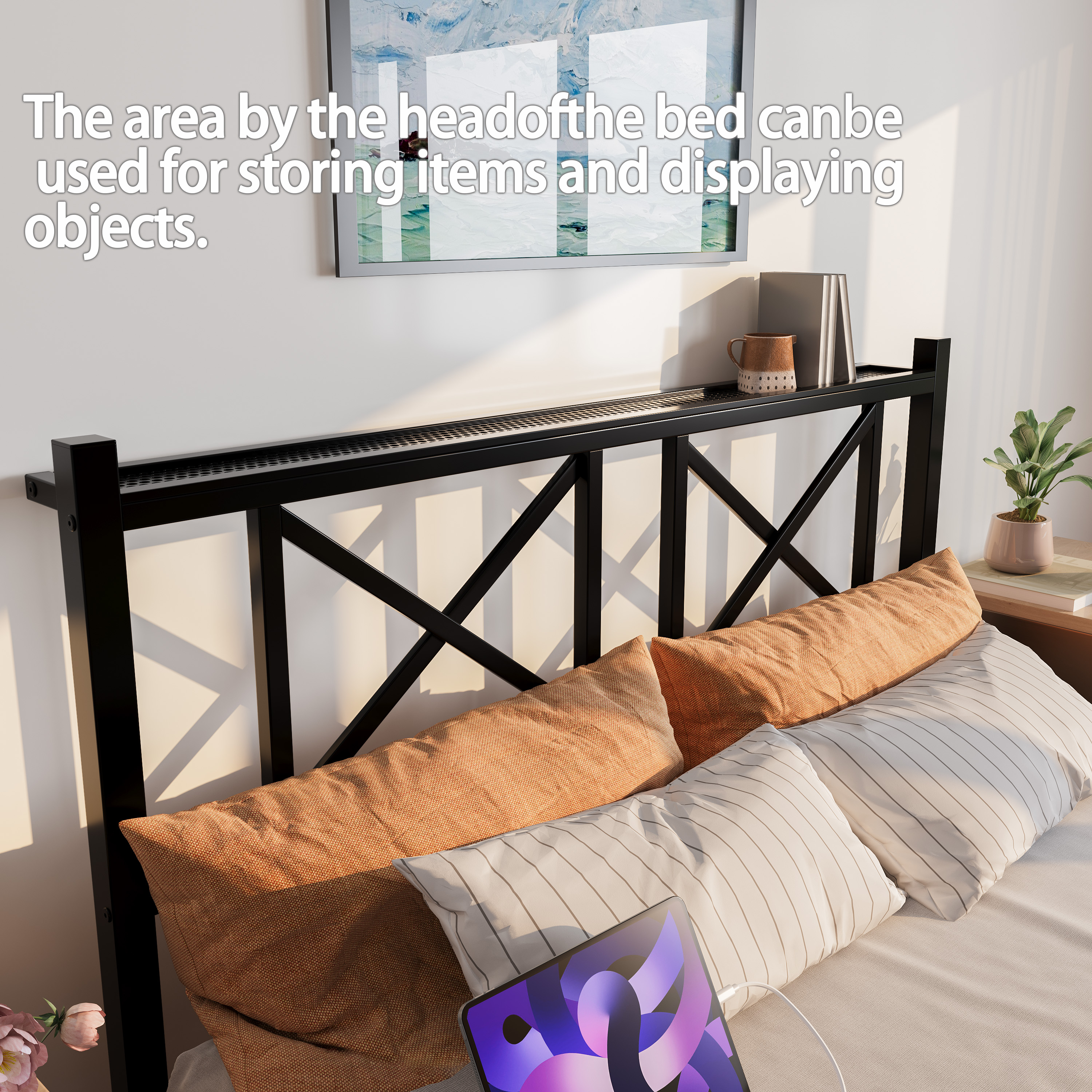 Miniyam Queen Size Floating Metal Platform Bed with RGB LED Lights, Storage Headboard with AC & USB Charging Ports, Black