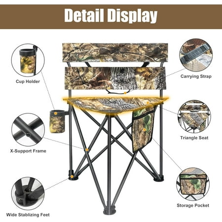 Hunting Tripod Chair Extra Large with Back Support Portable Folding Chair for Camping Fishing Hiking & Outdoor Activities