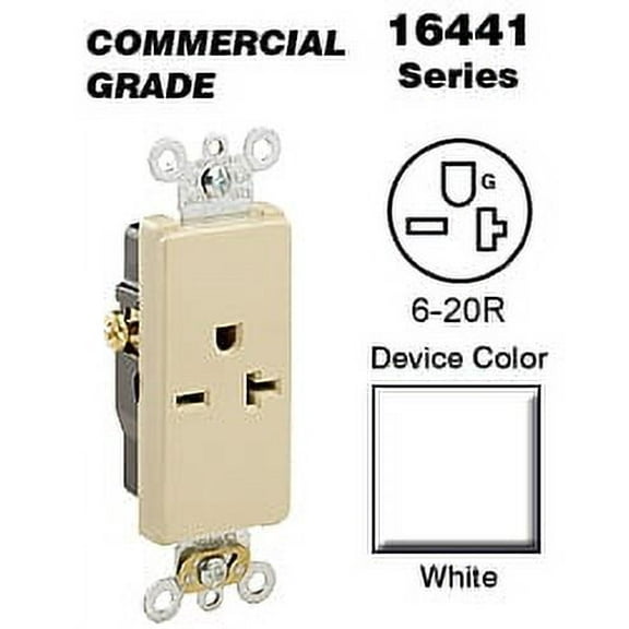 Leviton 16441-W Decora Single Receptacle Commercial Grade 6-20R 20A 250V Side Wired - White