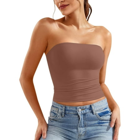 SNKSDGM Female Cotton Ribbed Tank Tops for Women Built in Bra Womens Ribbed Tank Top Long Womens Sexy Solid Color Crop Top Strapless Bandeau Tube Top Sleeveless Backless Tank Vest S