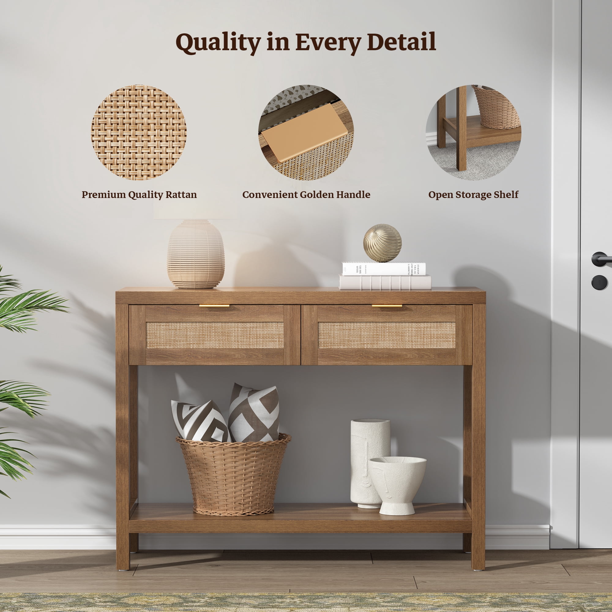 SICOTAS 39.4 Inch Wide Rattan Console Table Set of 2 with 2 Drawers & Shelf, Boho Entryway table with Large Storage Capacity for Entrance Way, Hallway, Living Room - Natural Oak