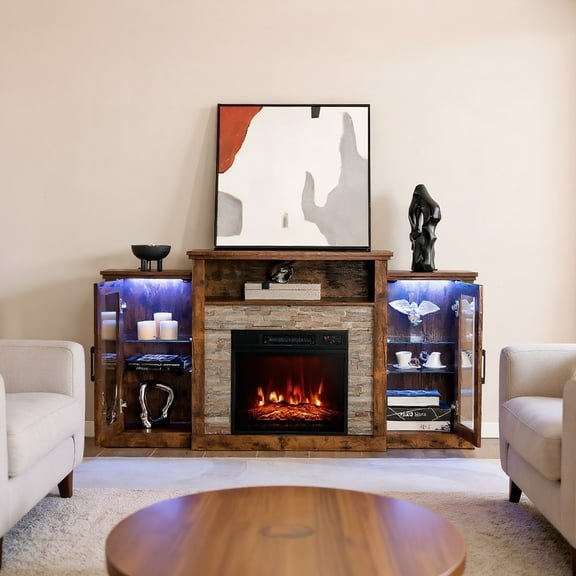 Resenkos Fireplace TV Stand with 16-Color Led Lights for TVs up to 65 Inch, Mid Century Modern TV Stand for Living Room Bedroom
