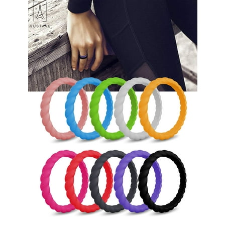 GustaveDesign Silicone Wedding Ring for Women 10 Pack Set Stackable Twist Thin and Braided Rubber Band, Affordable Fashion Elegant,Skin Safe 