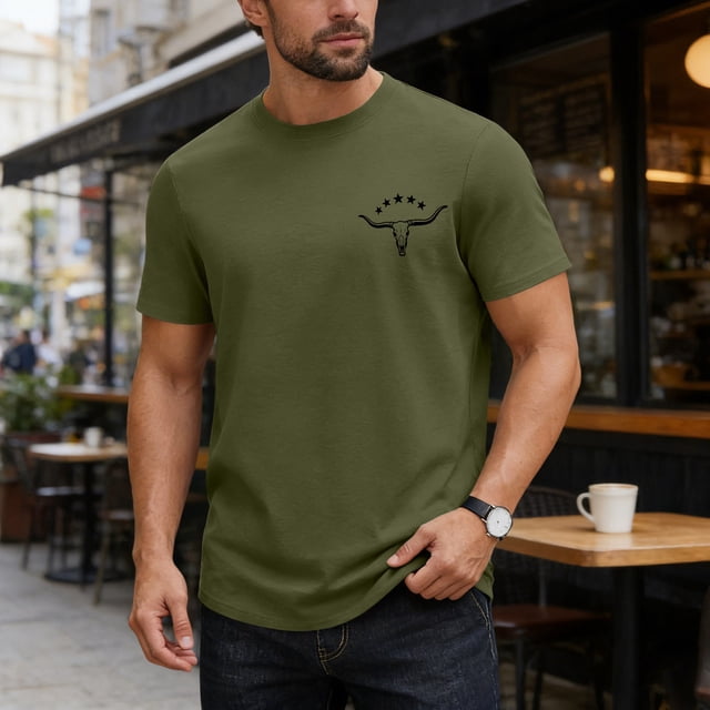 Ceisia Men's Loose Crew Neck T-Shirts with Bull Skull Print, Breathable Cotton Casual Short Sleeve Tops for Daily Wear Gifts
