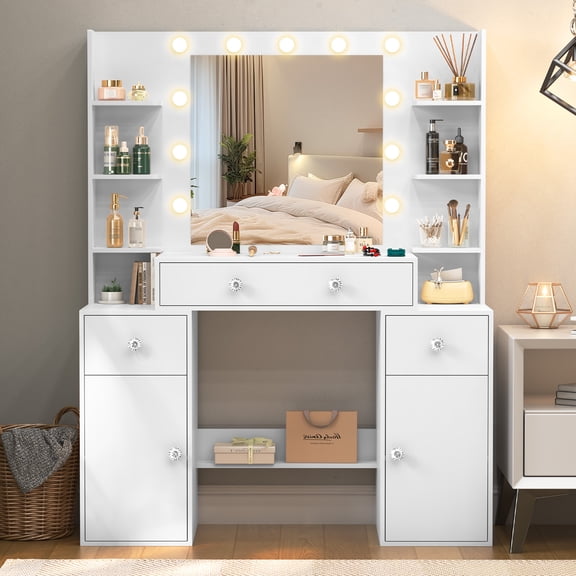 Teousev Vanity Desk with Mirror & Lights, Large Makeup Vanity Table, 3 Drawers & 2 Cabinets, Modern White Vanity for Women
