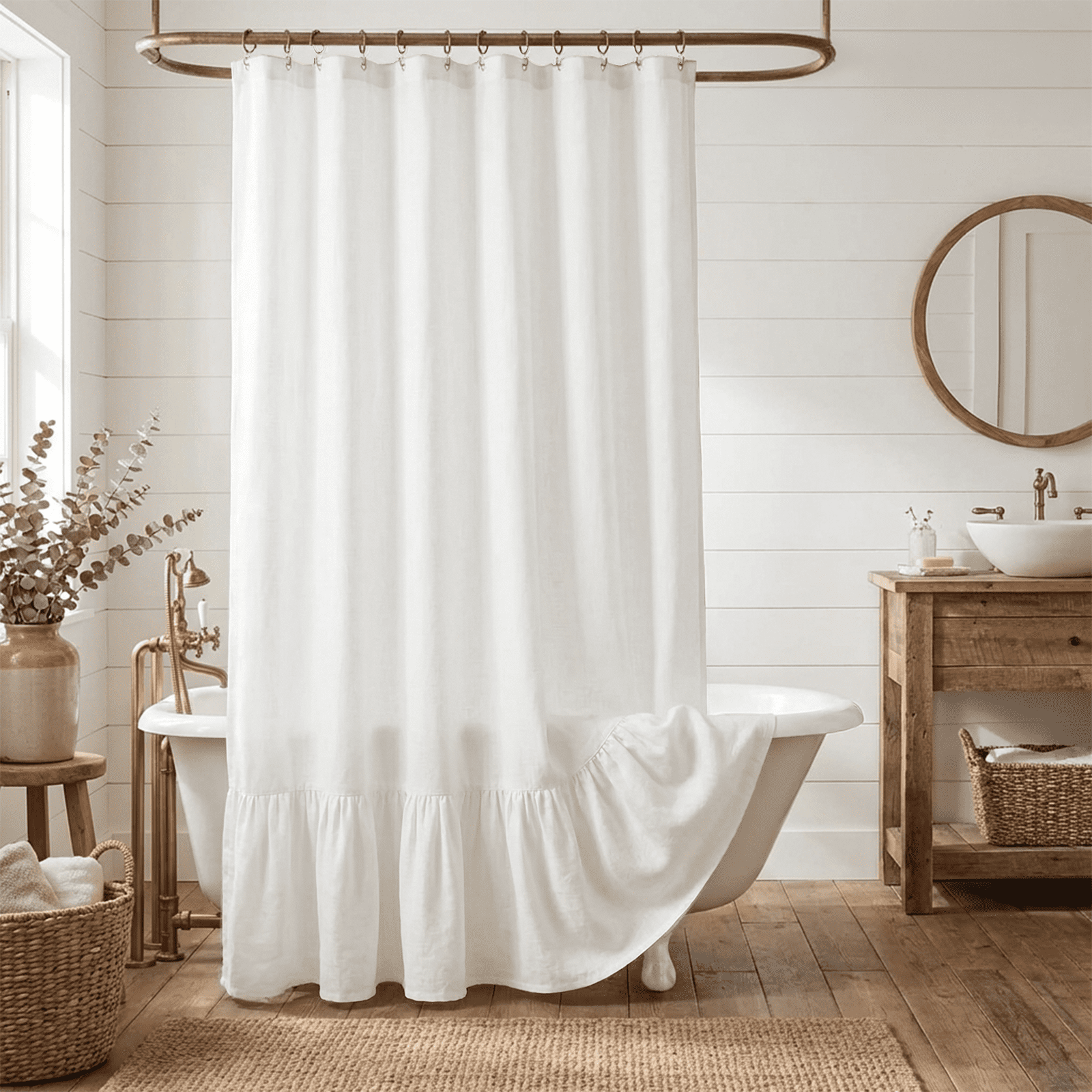 NixiYa White Farmhouse Shower Curtain Ruffle Linen Shower Curtain for Bathroom 72"x 72"