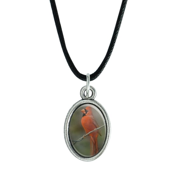 Red Cardinal Bird On Branch Antiqued Oval Charm Pendant with Black Satin Cord