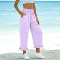 thumbnail image 6 of AKOEE Cute Summer Capris Plaid Print Smocked High Waist Wide Leg Capri Pants Pockets Ruffle Hem Casual Beach (XL, Purple), 6 of 7