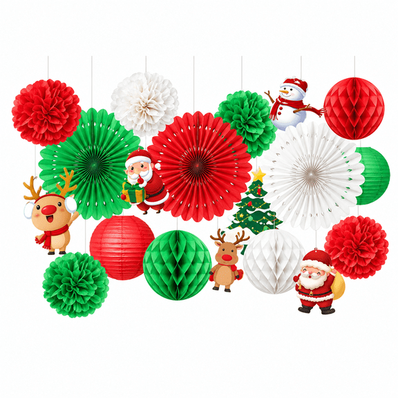 Merry Christmas Party Decor Set, Polka Dot Paper Ornaments, Lanterns, Honeycomb Balls, Paper Fans & Tree Snowman Hanging Swirls, Xmas Holiday Decor Supplies