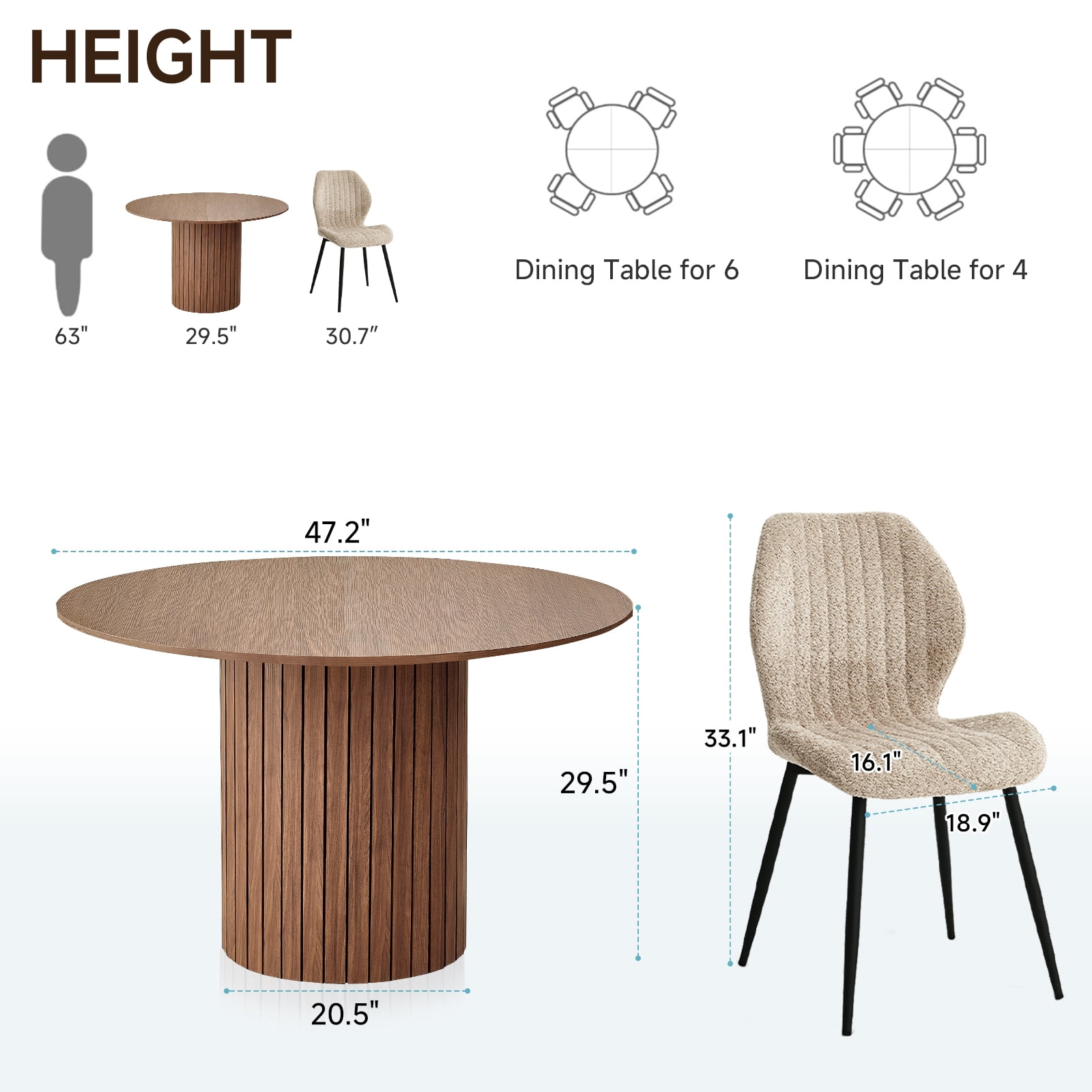 47" Round Dining Table Set of 4, Wood Kitchen Table with 4 Beige Boucle Dining Chairs