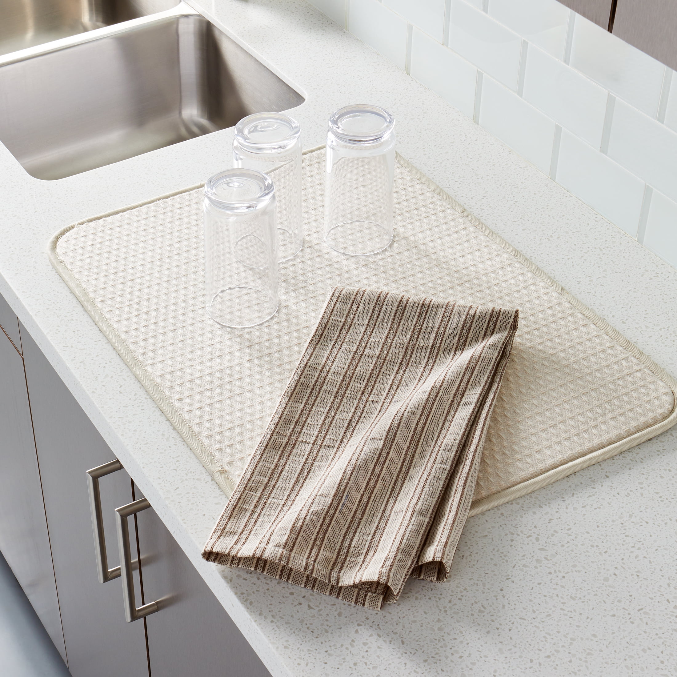 Better Homes & Gardens Miller Ivory Polyester 18” x 24” Dish Dry Mat & Brown Cotton 20” x 30” Kitchen Towel 2 Piece Set