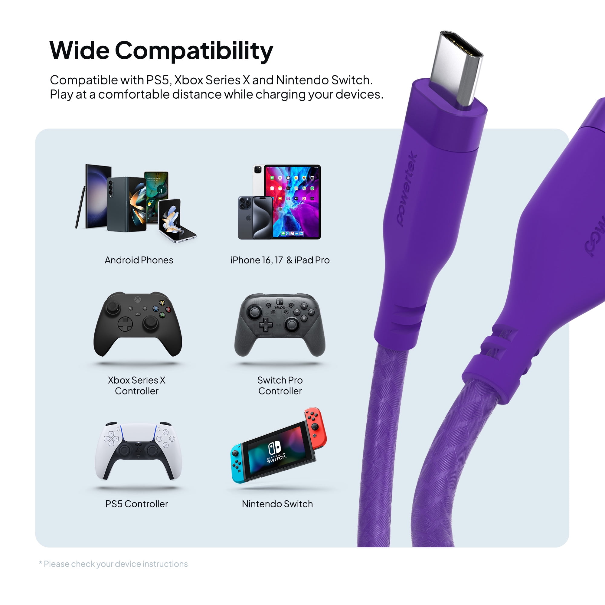 Powertek USB-A to USB-C (Type-C) Charging Cable, Carbon Design Texture, 6 ft, Purple