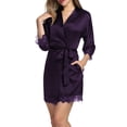 thumbnail image 2 of Ekouaer Lace Trim Silk Robe for Women Short Satin Soft Robes Sexy Open Front Lounge Robe 3/4 Sleeve Silky Sleeping Bathrobe with Drawstring, 2 of 6