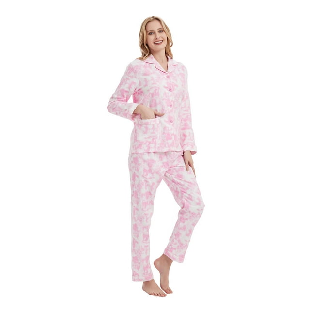 Conjunto de Pijamas de Franela para Mujer 100% Algodón PJs para Mujer Ropa de Descanso Manga Larga Botón Cintura con Cordón Ropa de Dormir Cálida Rosa Cielo Tie-Dye M