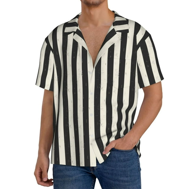 Fotbe Black And White Thick Stripes Camisa Estampada de Manga Corta para Hombre, Casual de Verano, Estilo Playero, Sin Arrugas-XX-Large