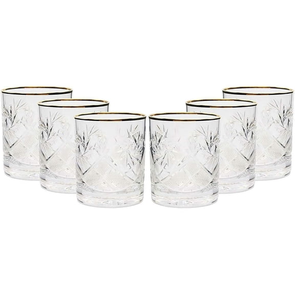 Premium Set of 6 Hand Made Vintage Crystal Scotch, Bourbon & Whiskey Rocks Glasses with 24K Gold Rim, Thick Weighted Bottom, Old Fashioned Glassware