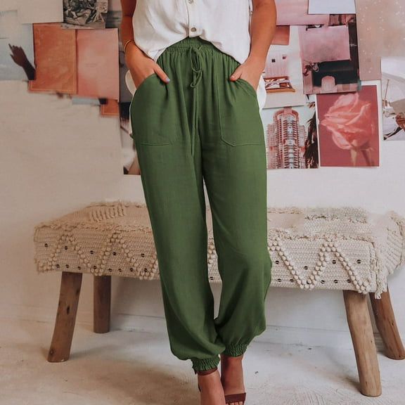 symoid Womens Casual Pants- Casual Solid Pants with Pocket Comfortable Tie Feet Full Length Pants Army Green XL