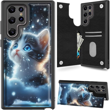 Case for Samsung Galaxy S23 Ultra Case Wallet Case with Card Holder, PU Leather Kickstand Double Magnetic Clasp Shockproof Cover Case for Galaxy S23 Ultra, Cat in The Snow
