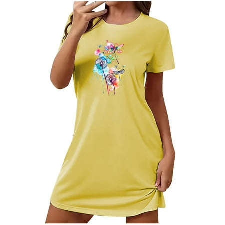 KIHOUT 2024 Fashion Black Round Neck Top Nightdress For Women Clearance Pringted Short Sleeve Loose Slim Long T-shirt Home Casual Ladies Regular Pajamas Nightgown S-2XL