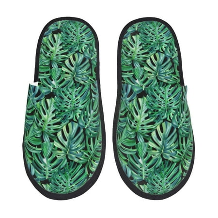 Balery Monstera Leaves Slient Indoor Furry Fleece Comfort House Shoes Soft Non-Slip Home Shoes Cotton slippers House Slippers-- Large