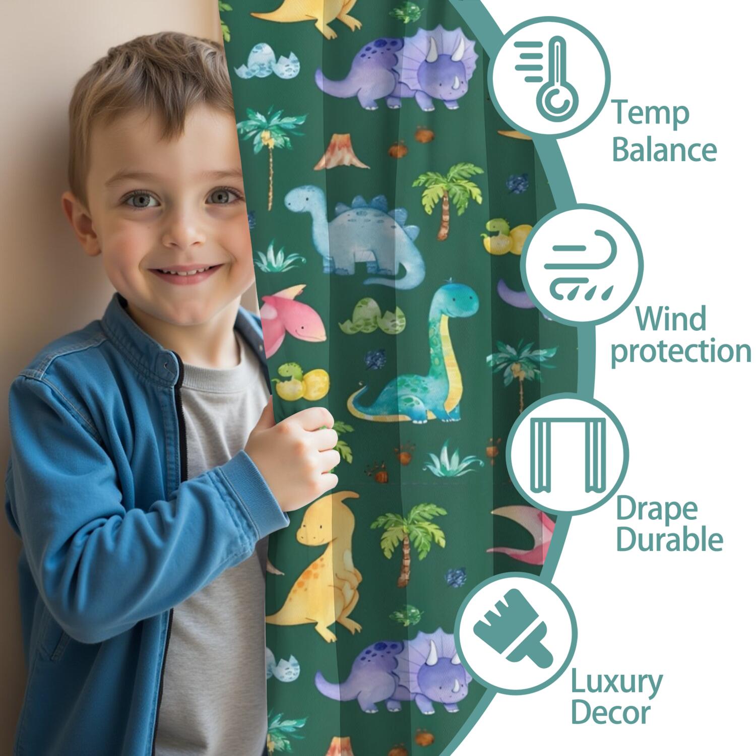 Blackout Kids Curtains,Green Dinosaurs Palms Volcanoes Pattern Childrens Insulated Curtains Set Of 2,Bedroom Essentials,Toddler Room Decor 42"x84"